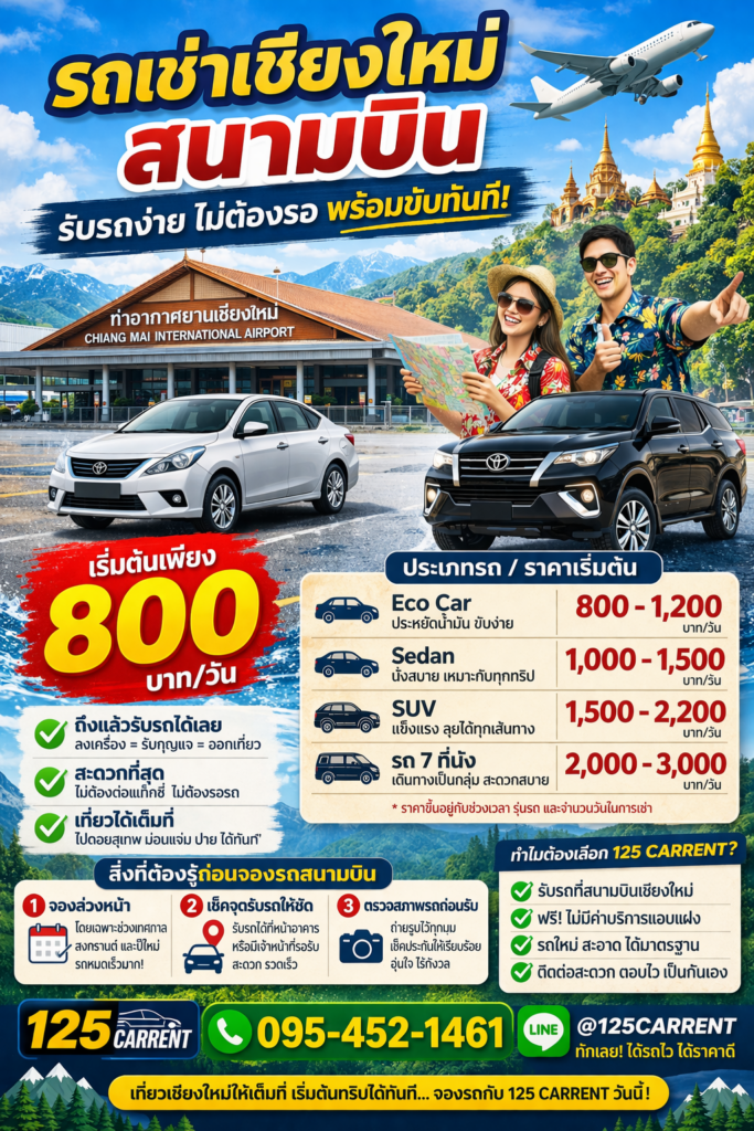 รถเช่าเชียงใหม่ สนามบิน รับรถได้ทันที ราคาเริ่มต้น 800 บาทต่อวัน จาก 125 CARRENT โทร 095-452-1461