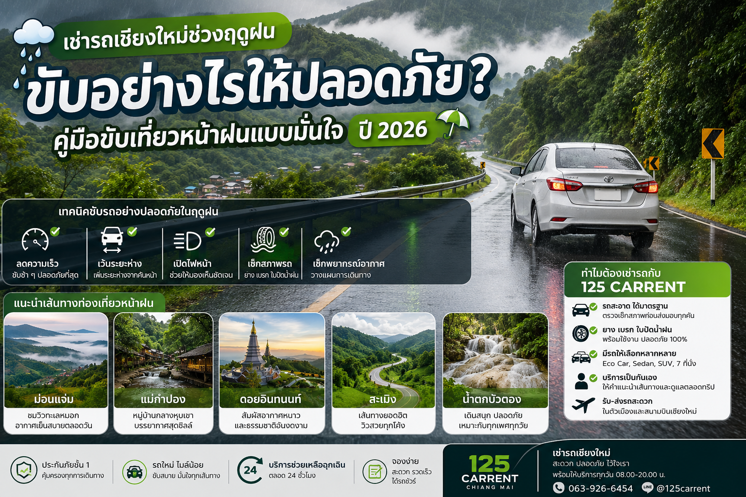 เช่ารถเชียงใหม่ช่วงฤดูฝน ขับอย่างไรให้ปลอดภัย คู่มือขับเที่ยวหน้าฝน ปี 2026 จาก 125 CARRENT